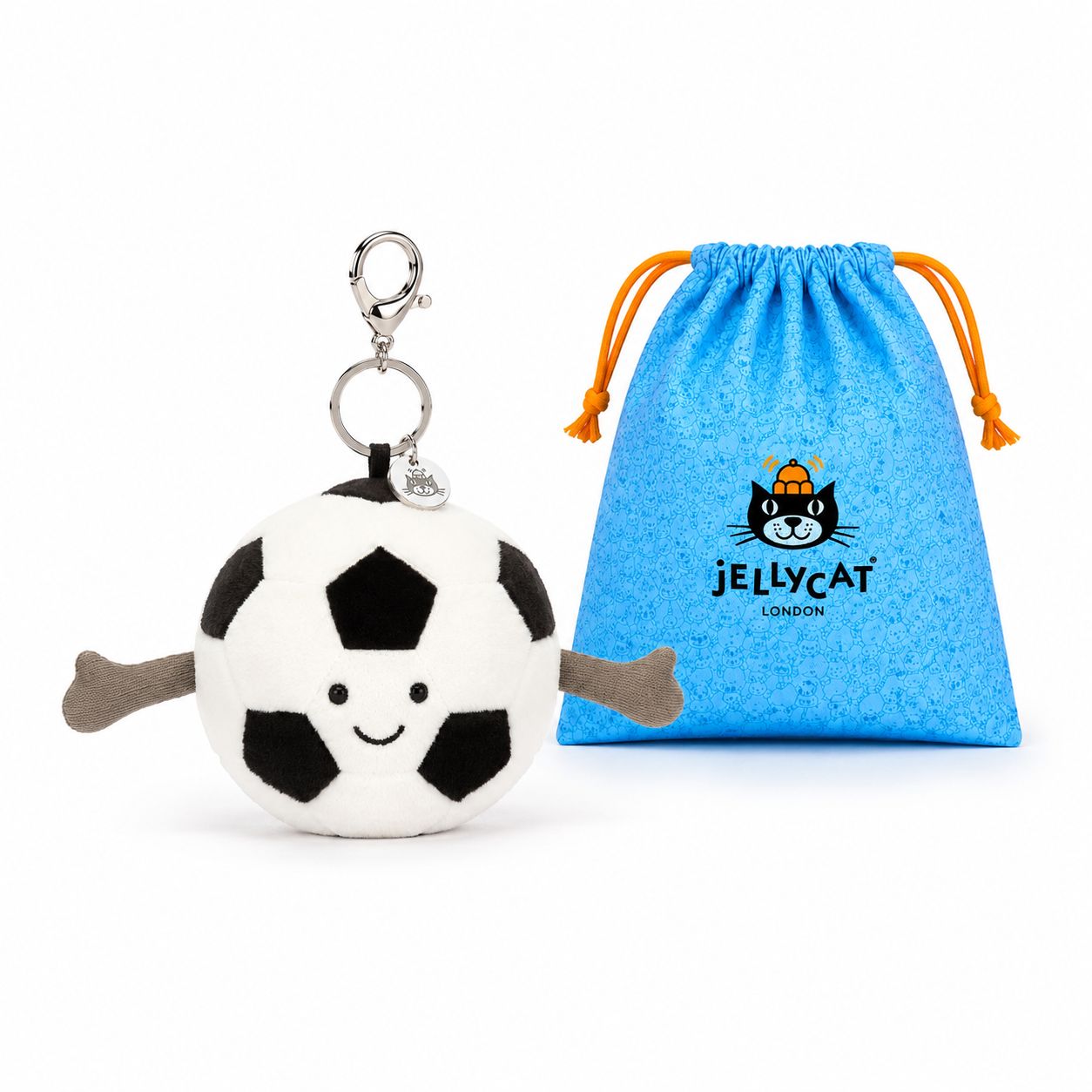 Soccer ball-shaped keychain with a blue drawstring bag featuring branded logo on a white background
